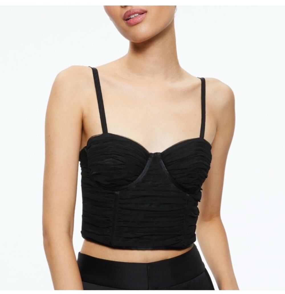 alice + olivia Damia Ruched Bustier Crop Top in Black, Size 8